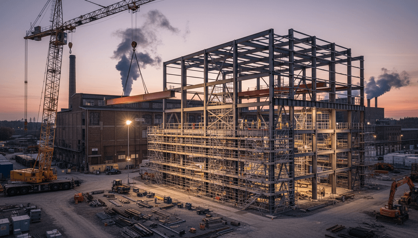 Industrielle Stahlkonstruktion im Bau