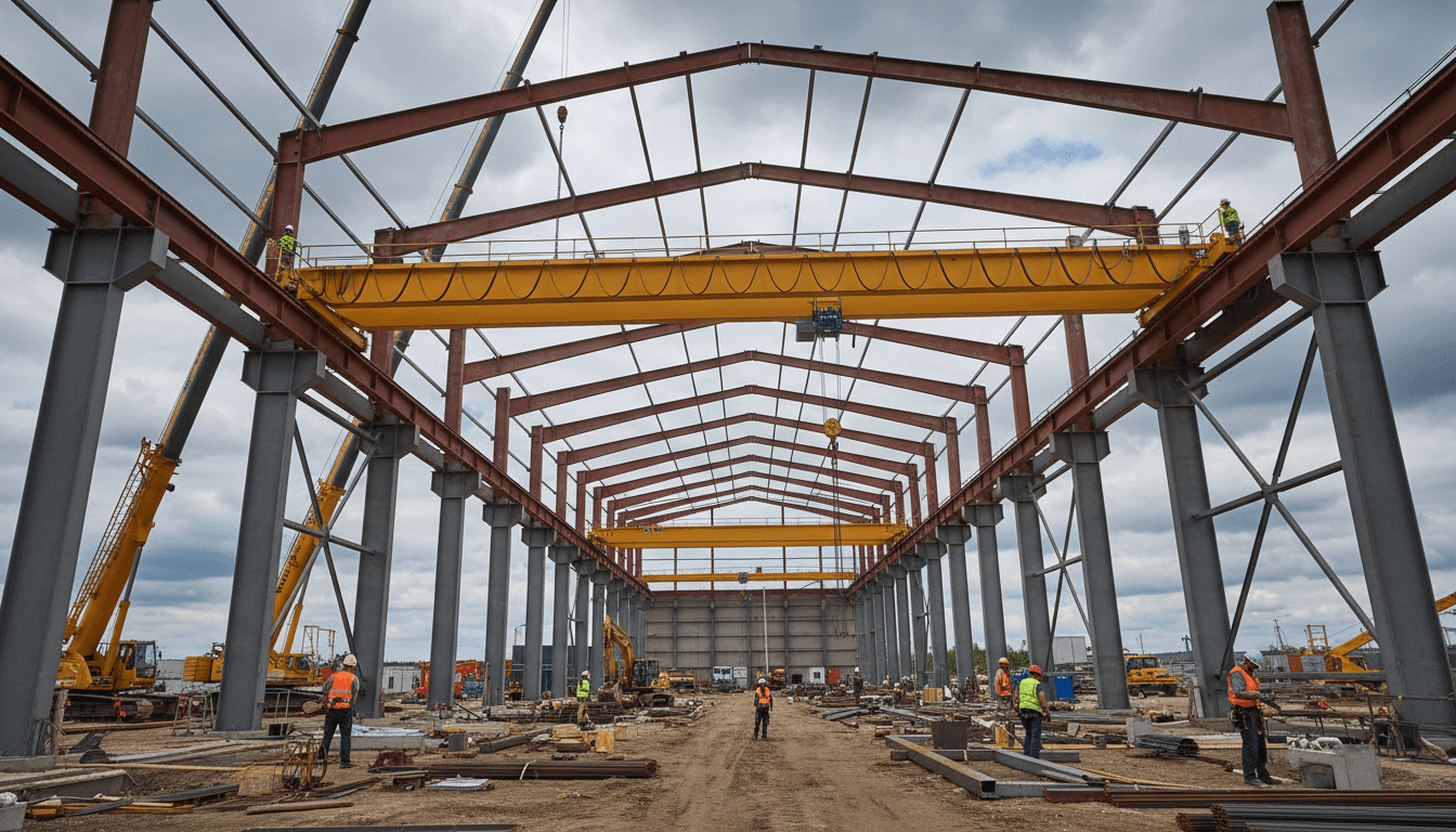 Industrielle Stahlkonstruktion im Bau