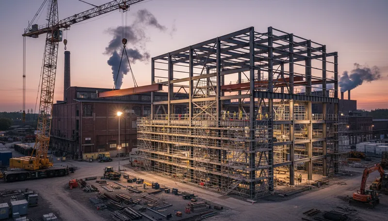 Industrielle Stahlkonstruktion im Bau